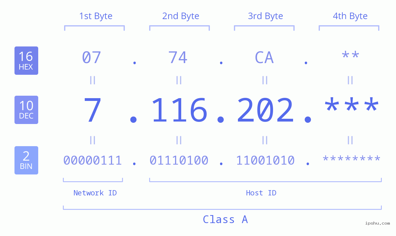 IP Address: 7.116.202 Data Structure Chart BIN DEC HEX IPv4: 7.116.202 Network Class, Net ID, Host ID