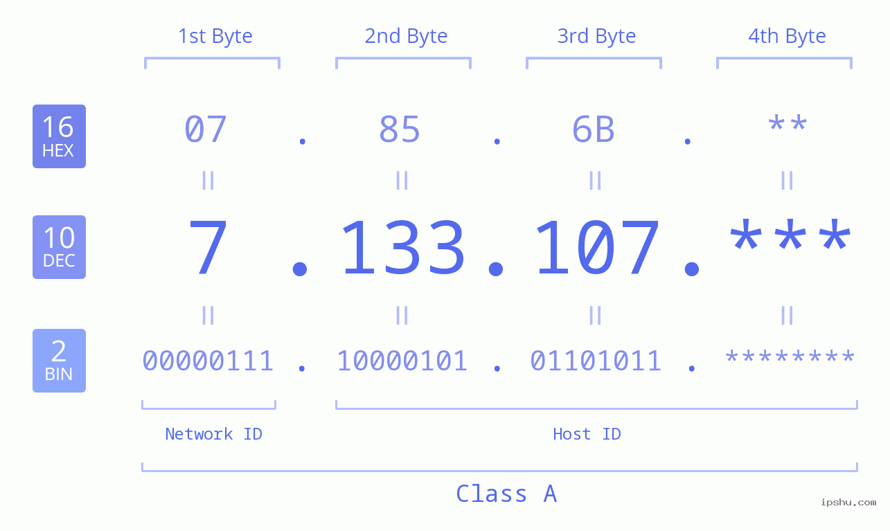 IP Address: 7.133.107 Data Structure Chart BIN DEC HEX IPv4: 7.133.107 Network Class, Net ID, Host ID