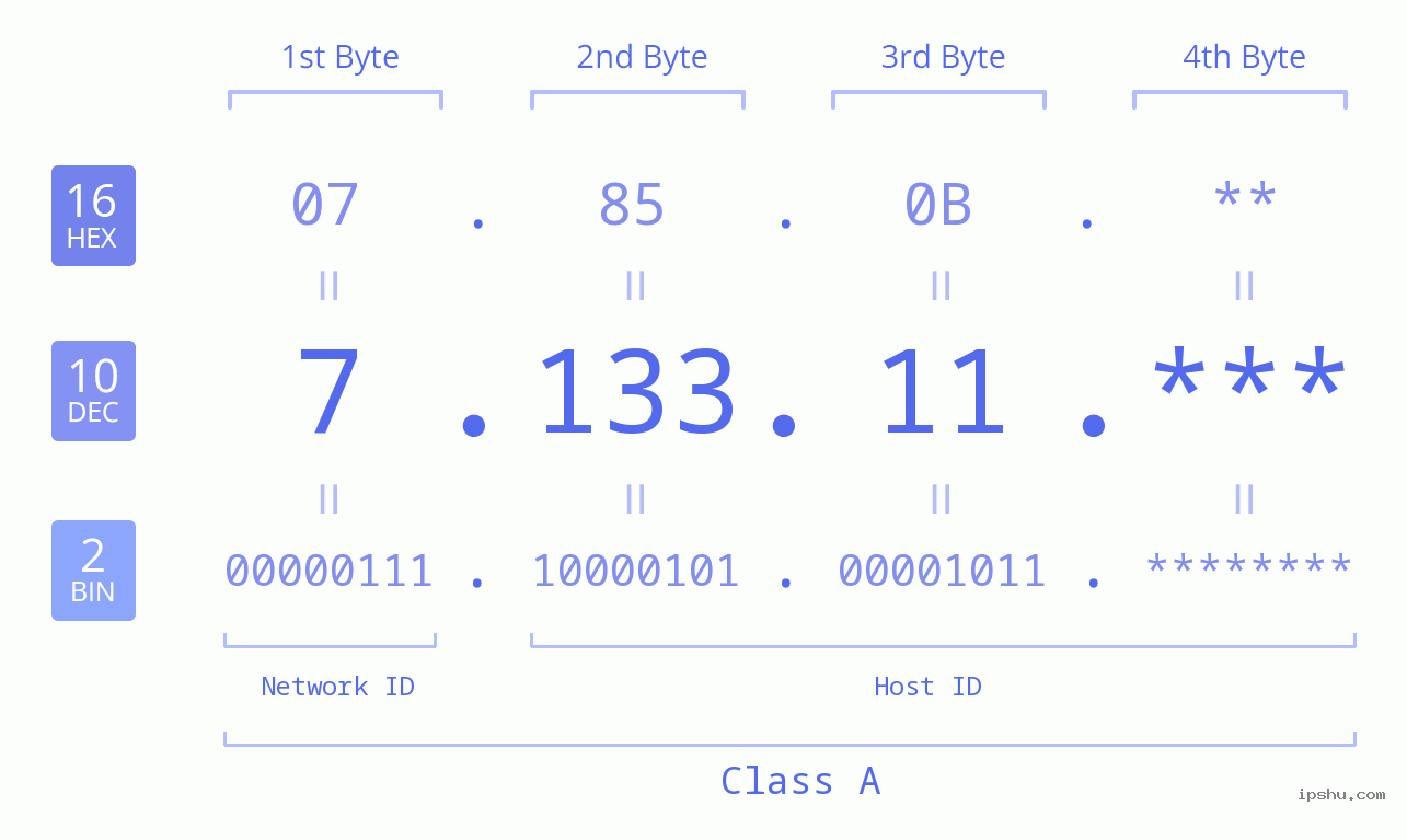 IP Address: 7.133.11 Data Structure Chart BIN DEC HEX IPv4: 7.133.11 Network Class, Net ID, Host ID