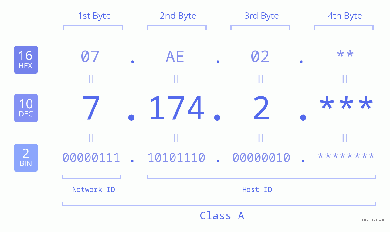IP Address: 7.174.2 Data Structure Chart BIN DEC HEX IPv4: 7.174.2 Network Class, Net ID, Host ID