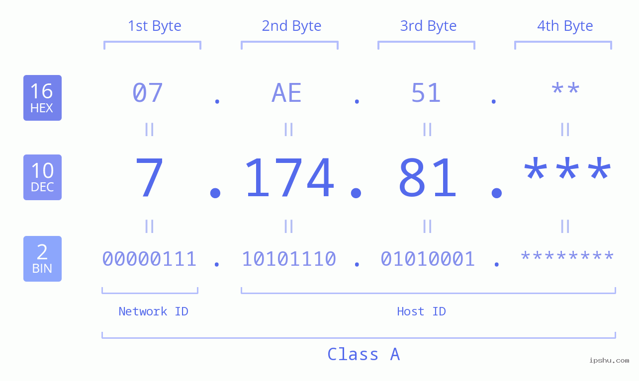 IP Address: 7.174.81 Data Structure Chart BIN DEC HEX IPv4: 7.174.81 Network Class, Net ID, Host ID