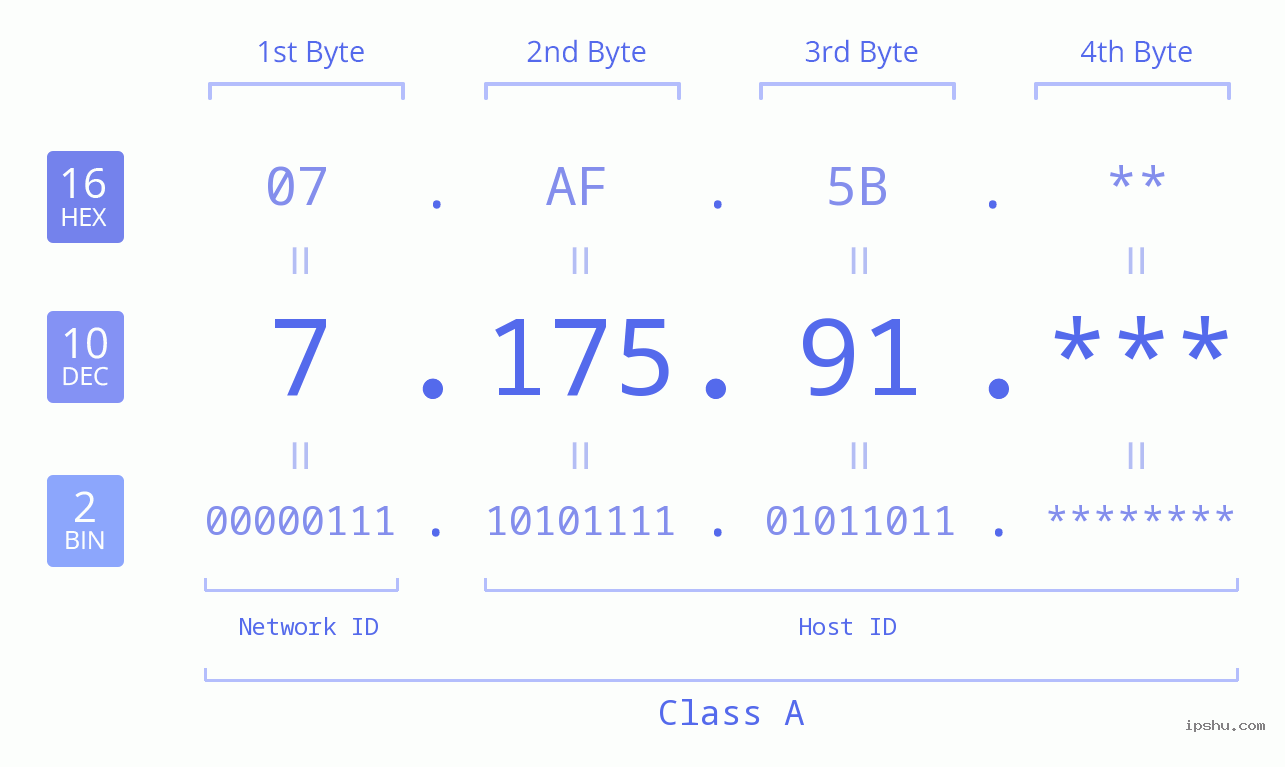 IP Address: 7.175.91 Data Structure Chart BIN DEC HEX IPv4: 7.175.91 Network Class, Net ID, Host ID