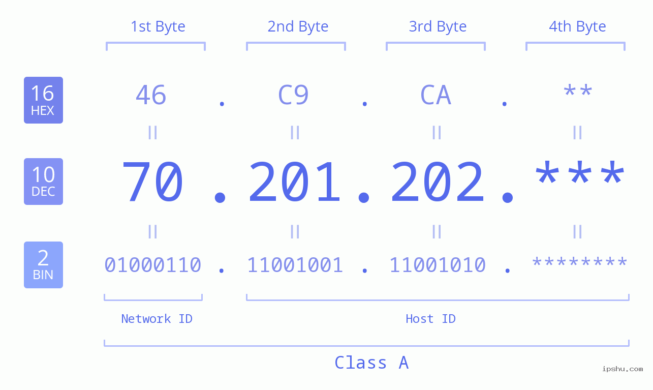 IP Address: 70.201.202 Data Structure Chart BIN DEC HEX IPv4: 70.201.202 Network Class, Net ID, Host ID