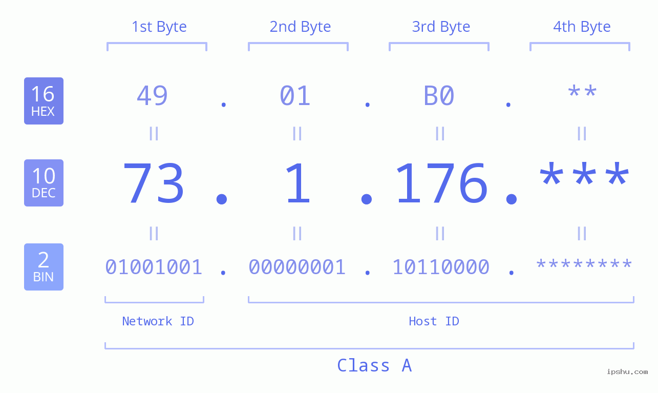IP Address: 73.1.176 Data Structure Chart BIN DEC HEX IPv4: 73.1.176 Network Class, Net ID, Host ID