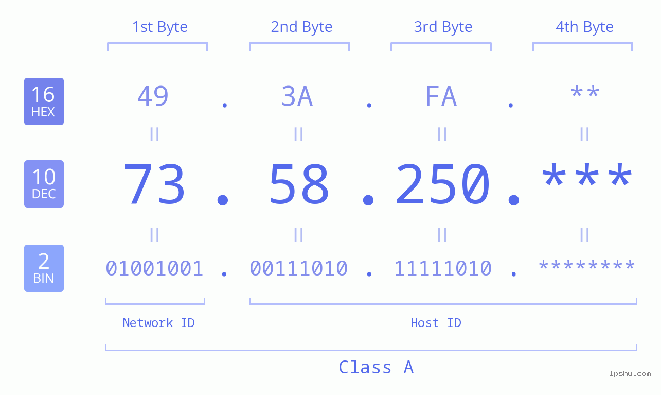 IP Address: 73.58.250 Data Structure Chart BIN DEC HEX IPv4: 73.58.250 Network Class, Net ID, Host ID