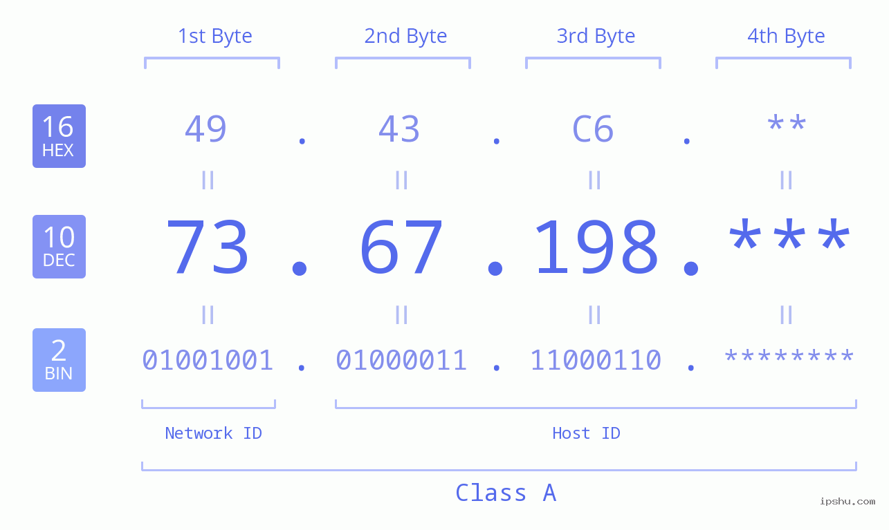 IP Address: 73.67.198 Data Structure Chart BIN DEC HEX IPv4: 73.67.198 Network Class, Net ID, Host ID