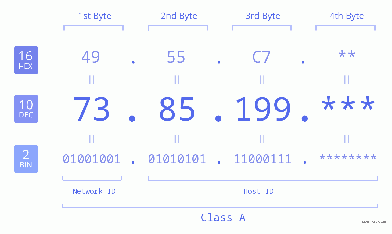 IP Address: 73.85.199 Data Structure Chart BIN DEC HEX IPv4: 73.85.199 Network Class, Net ID, Host ID