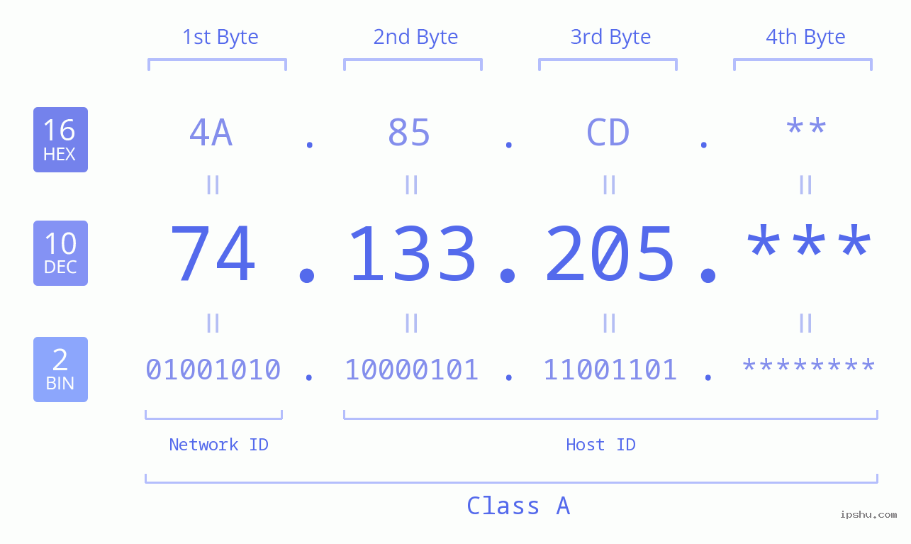 IP Address: 74.133.205 Data Structure Chart BIN DEC HEX IPv4: 74.133.205 Network Class, Net ID, Host ID