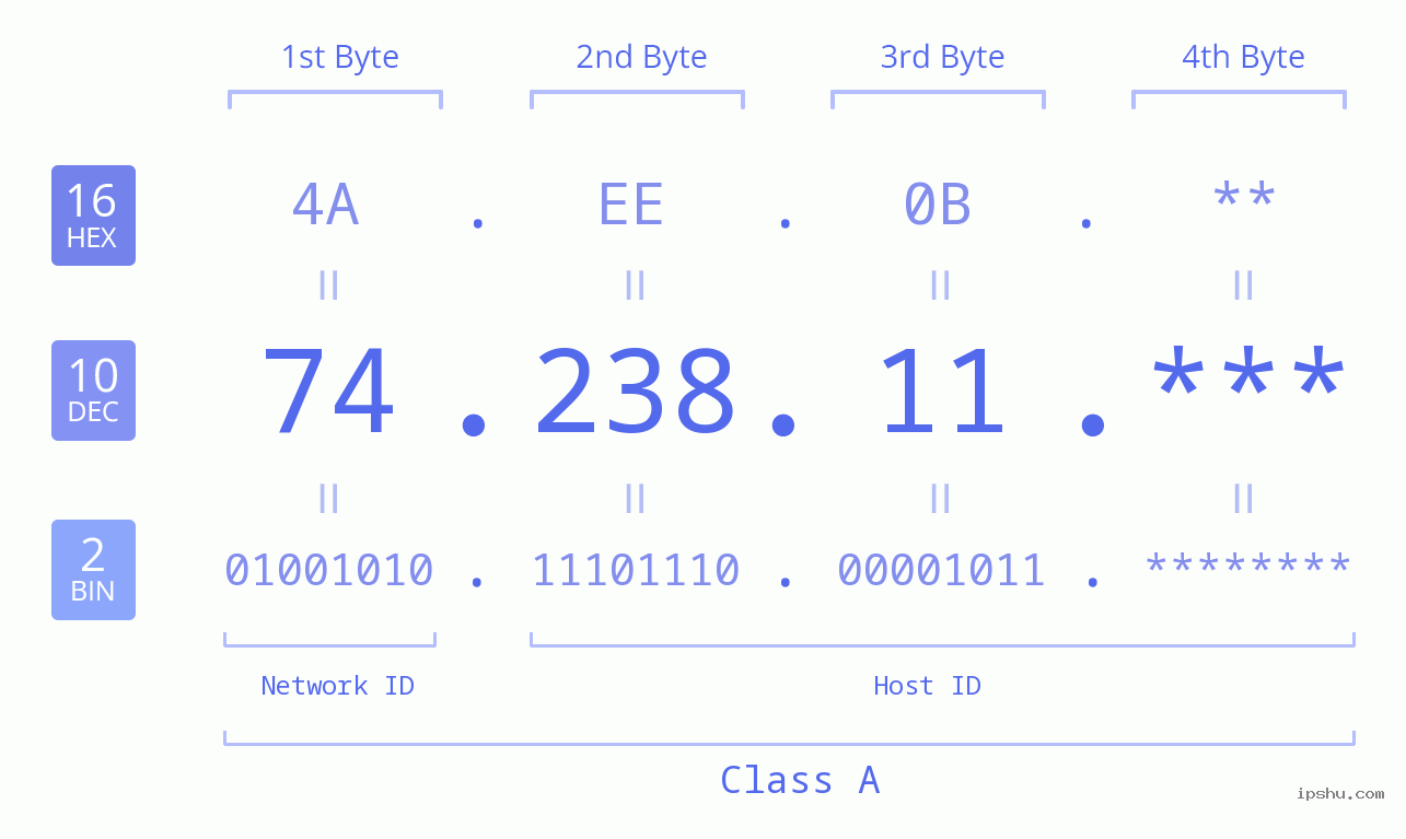 IP Address: 74.238.11 Data Structure Chart BIN DEC HEX IPv4: 74.238.11 Network Class, Net ID, Host ID