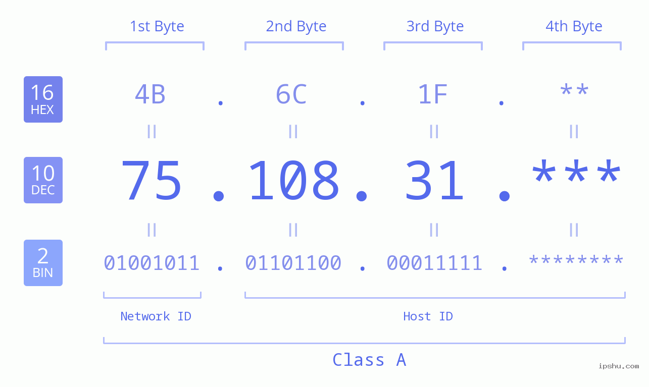 IP Address: 75.108.31 Data Structure Chart BIN DEC HEX IPv4: 75.108.31 Network Class, Net ID, Host ID