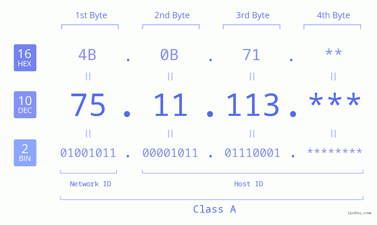 IP Address: 75.11.113 Data Structure Chart BIN DEC HEX IPv4: 75.11.113 Network Class, Net ID, Host ID