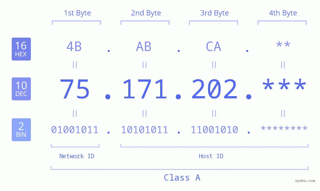 IP Address: 75.171.202 Data Structure Chart BIN DEC HEX IPv4: 75.171.202 Network Class, Net ID, Host ID
