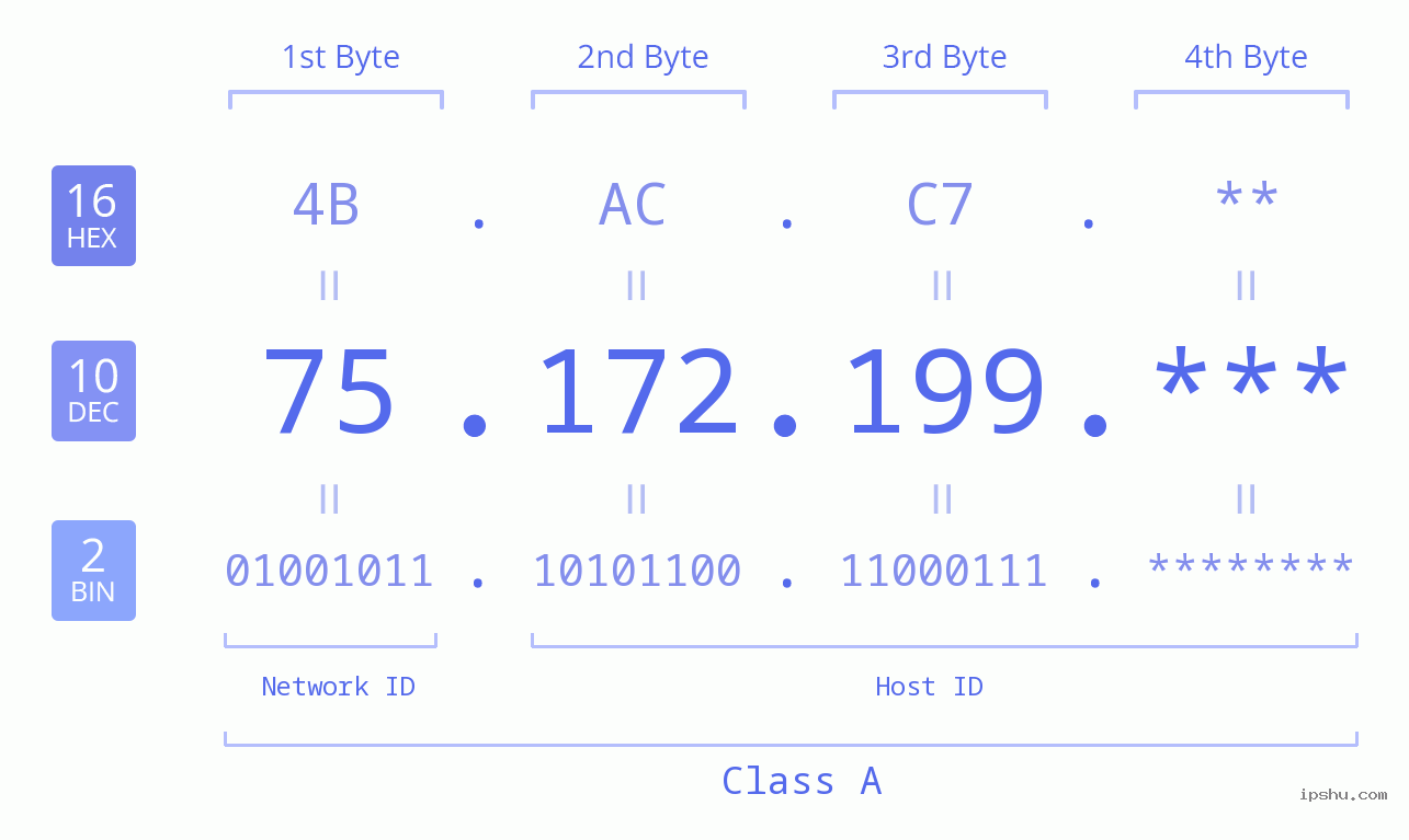 IP Address: 75.172.199 Data Structure Chart BIN DEC HEX IPv4: 75.172.199 Network Class, Net ID, Host ID