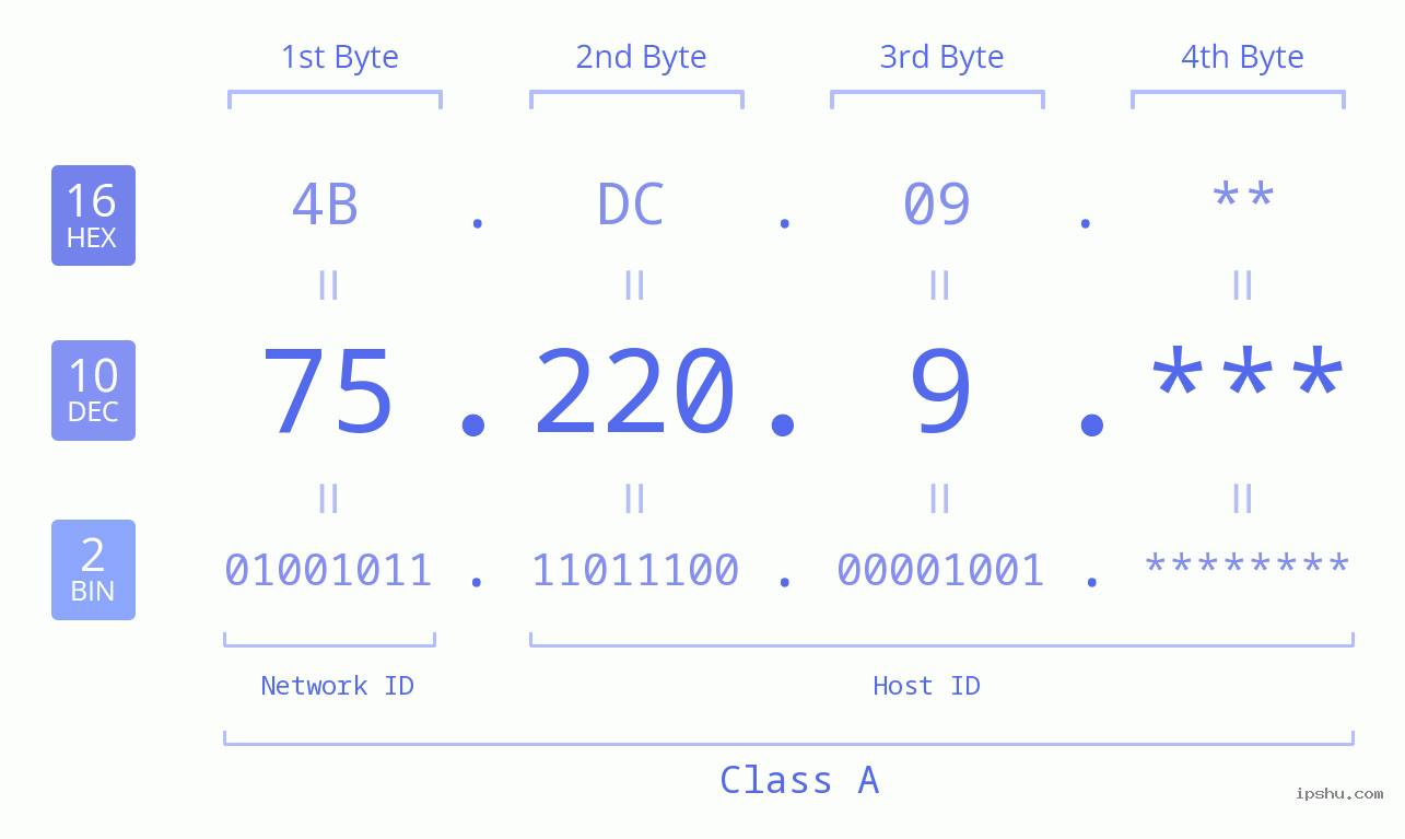 IP Address: 75.220.9 Data Structure Chart BIN DEC HEX IPv4: 75.220.9 Network Class, Net ID, Host ID