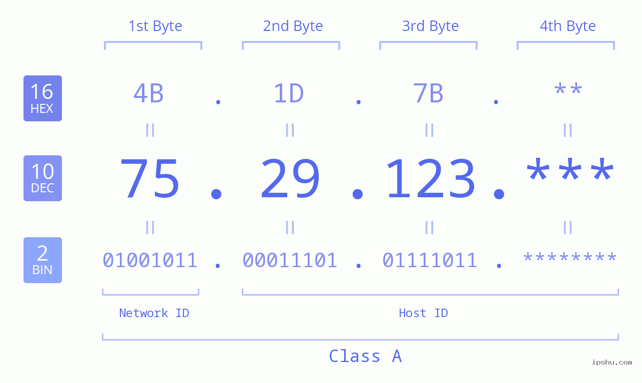 IP Address: 75.29.123 Data Structure Chart BIN DEC HEX IPv4: 75.29.123 Network Class, Net ID, Host ID