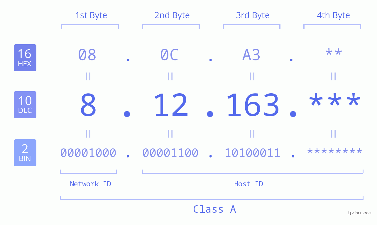 IP Address: 8.12.163 Data Structure Chart BIN DEC HEX IPv4: 8.12.163 Network Class, Net ID, Host ID