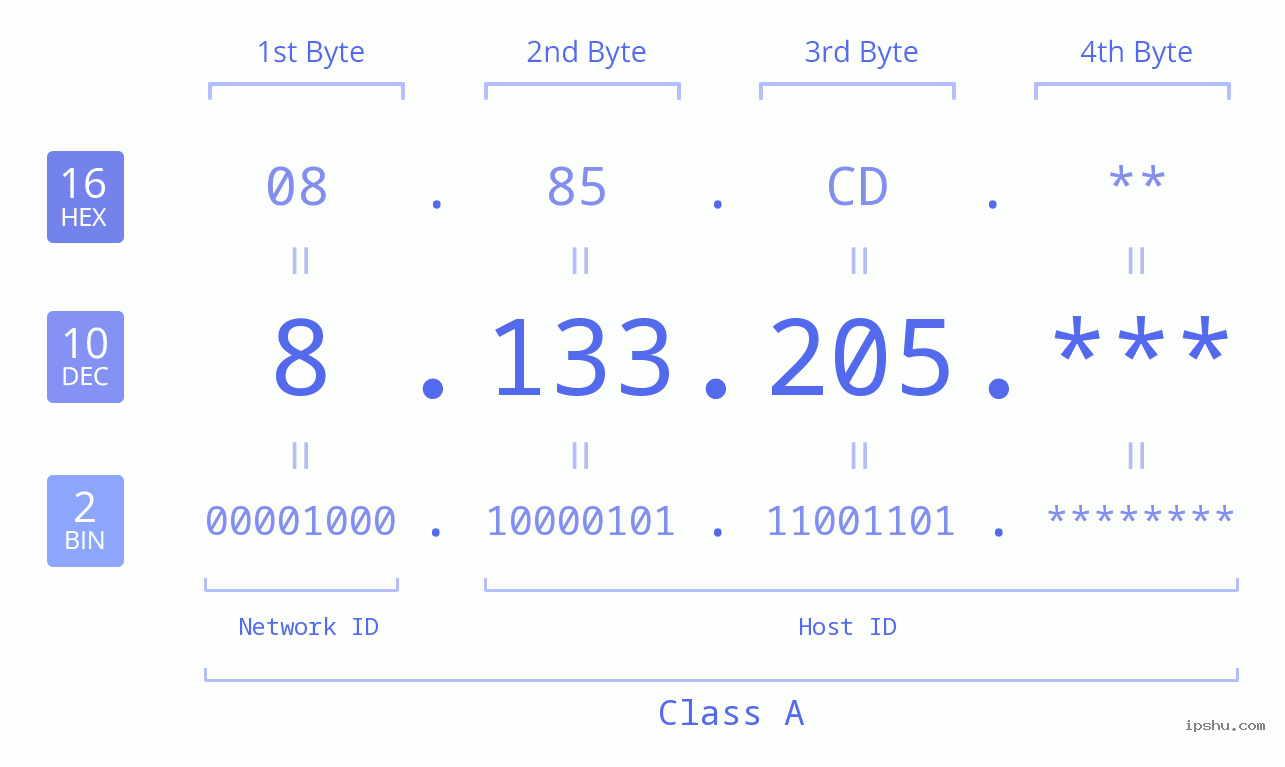 IP Address: 8.133.205 Data Structure Chart BIN DEC HEX IPv4: 8.133.205 Network Class, Net ID, Host ID