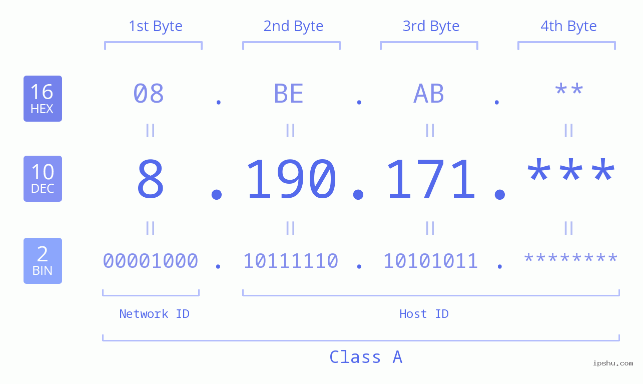 IP Address: 8.190.171 Data Structure Chart BIN DEC HEX IPv4: 8.190.171 Network Class, Net ID, Host ID