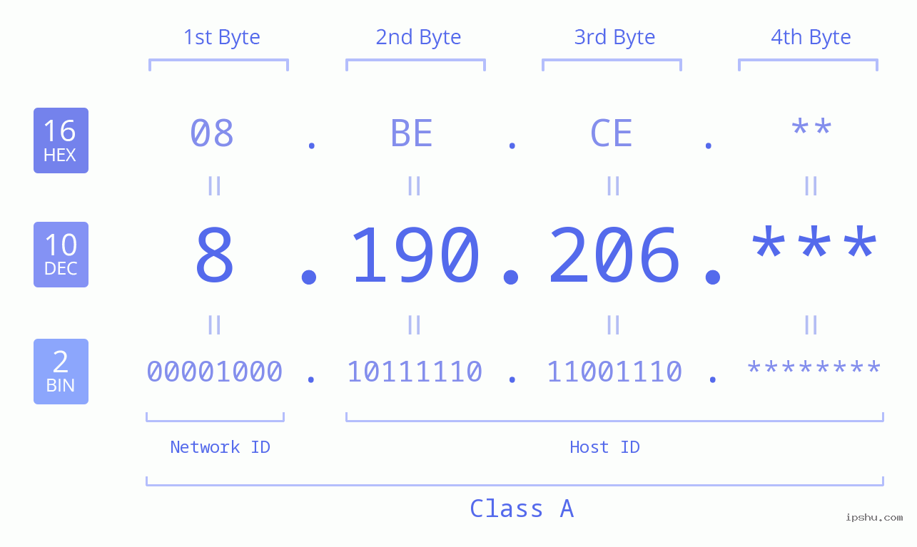 IP Address: 8.190.206 Data Structure Chart BIN DEC HEX IPv4: 8.190.206 Network Class, Net ID, Host ID