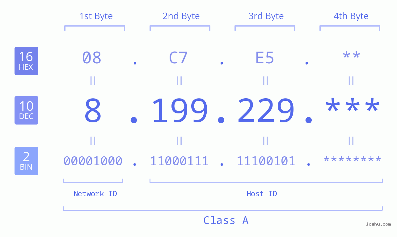 IP Address: 8.199.229 Data Structure Chart BIN DEC HEX IPv4: 8.199.229 Network Class, Net ID, Host ID