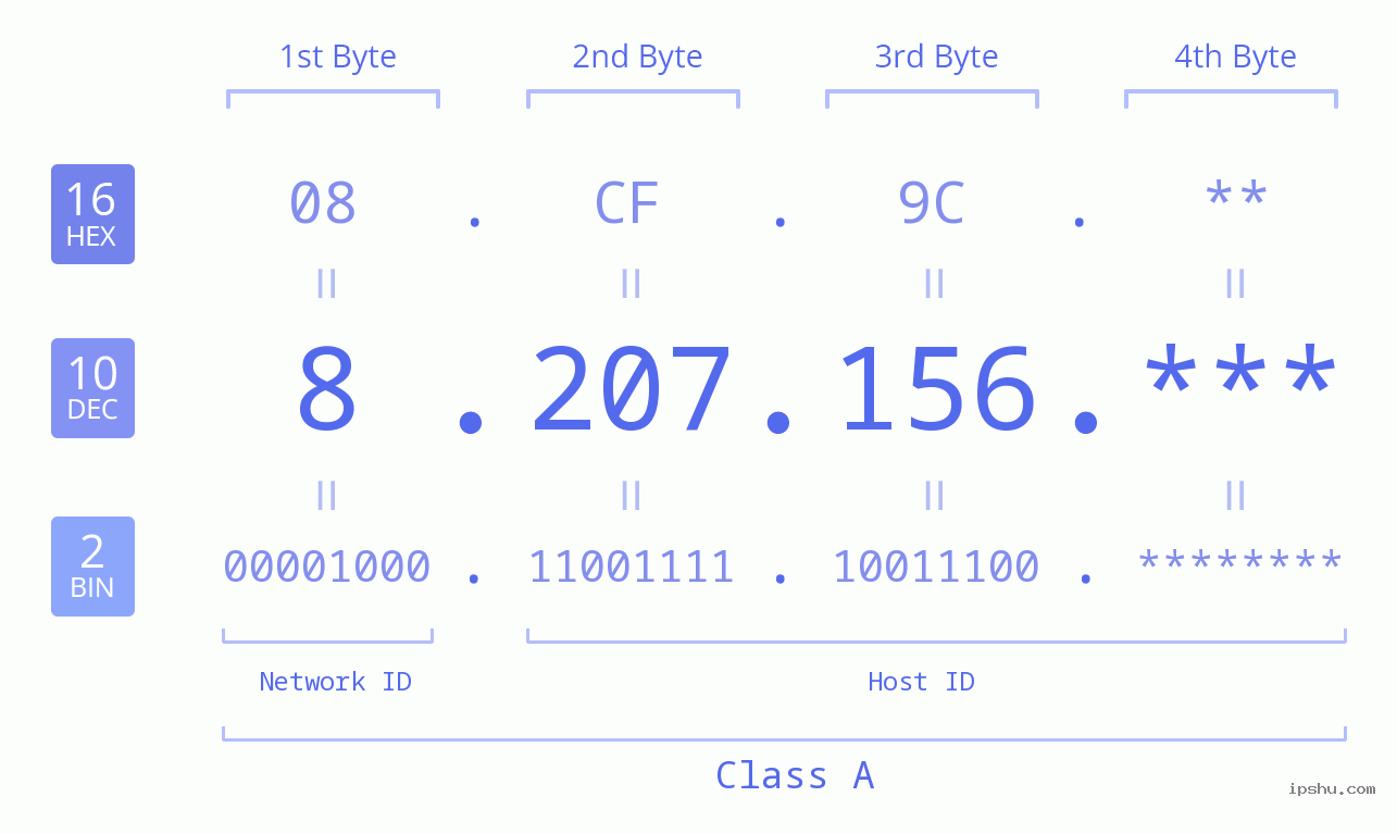 IP Address: 8.207.156 Data Structure Chart BIN DEC HEX IPv4: 8.207.156 Network Class, Net ID, Host ID