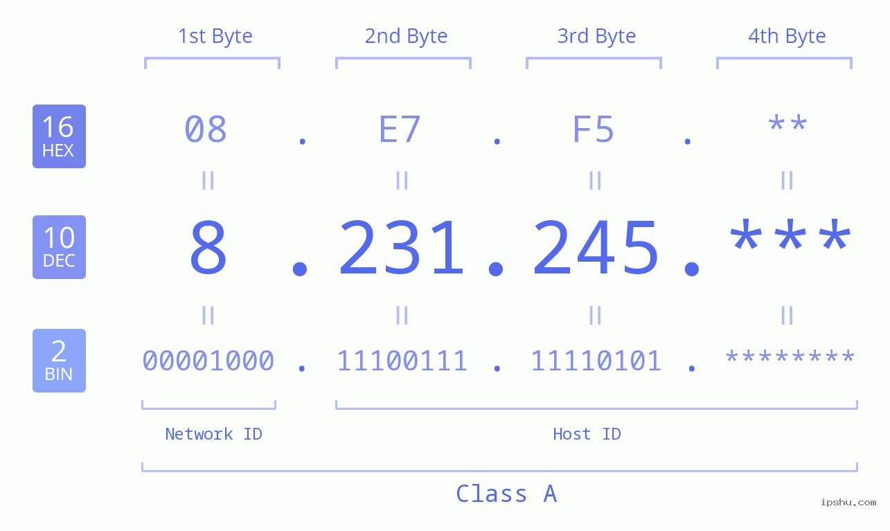 IP Address: 8.231.245 Data Structure Chart BIN DEC HEX IPv4: 8.231.245 Network Class, Net ID, Host ID