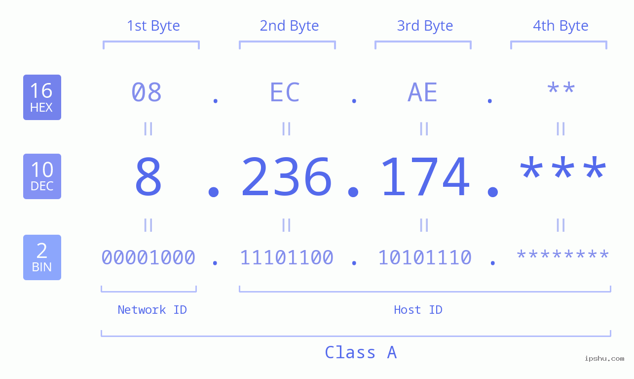 IP Address: 8.236.174 Data Structure Chart BIN DEC HEX IPv4: 8.236.174 Network Class, Net ID, Host ID
