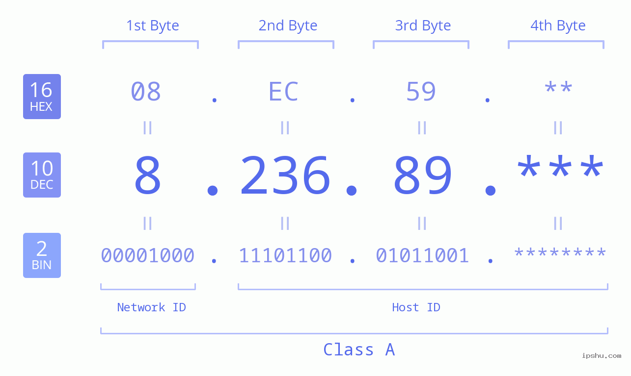 IP Address: 8.236.89 Data Structure Chart BIN DEC HEX IPv4: 8.236.89 Network Class, Net ID, Host ID