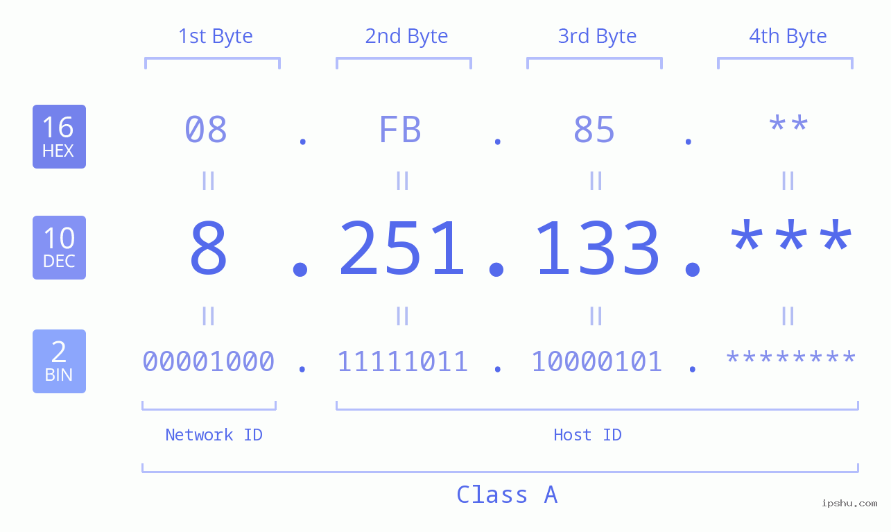 IP Address: 8.251.133 Data Structure Chart BIN DEC HEX IPv4: 8.251.133 Network Class, Net ID, Host ID