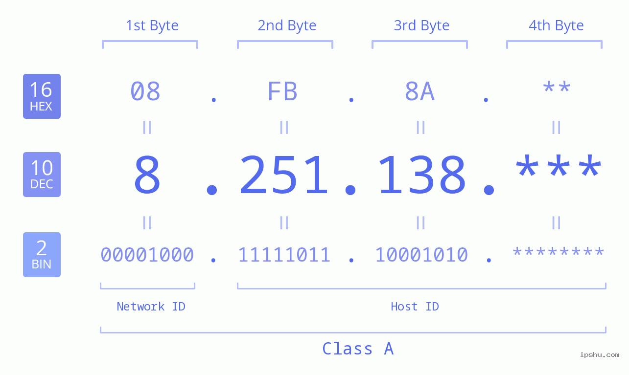 IP Address: 8.251.138 Data Structure Chart BIN DEC HEX IPv4: 8.251.138 Network Class, Net ID, Host ID