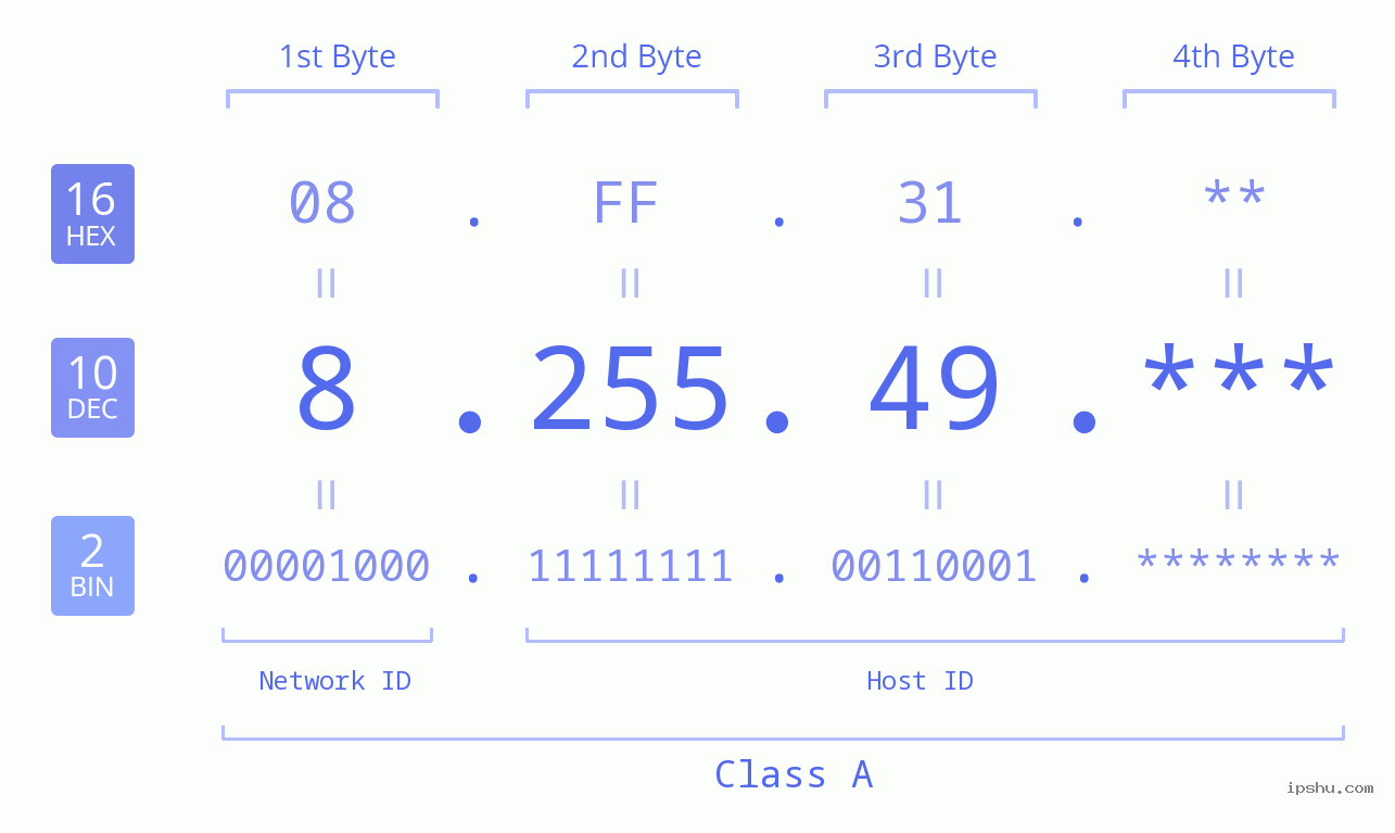 IP Address: 8.255.49 Data Structure Chart BIN DEC HEX IPv4: 8.255.49 Network Class, Net ID, Host ID