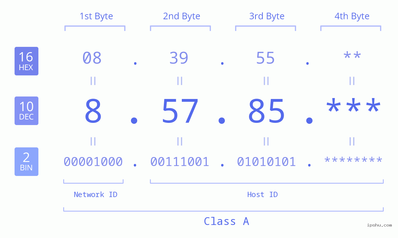 IP Address: 8.57.85 Data Structure Chart BIN DEC HEX IPv4: 8.57.85 Network Class, Net ID, Host ID