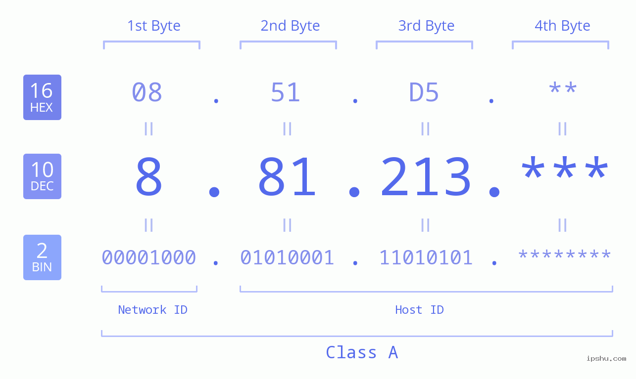 IP Address: 8.81.213 Data Structure Chart BIN DEC HEX IPv4: 8.81.213 Network Class, Net ID, Host ID