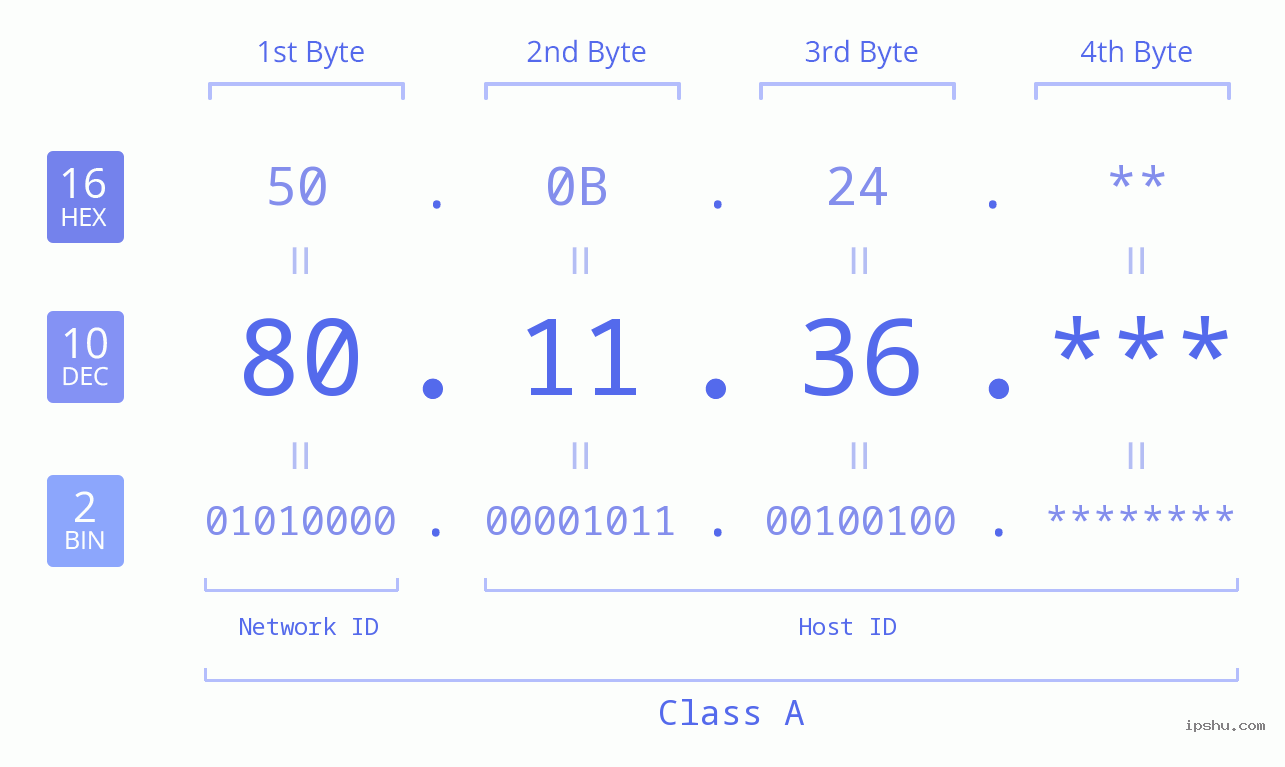 IP Address: 80.11.36 Data Structure Chart BIN DEC HEX IPv4: 80.11.36 Network Class, Net ID, Host ID