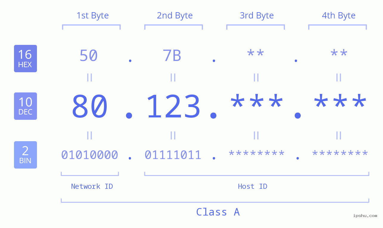 IP Address: 80.123 Data Structure Chart BIN DEC HEX IPv4: 80.123 Network Class, Net ID, Host ID