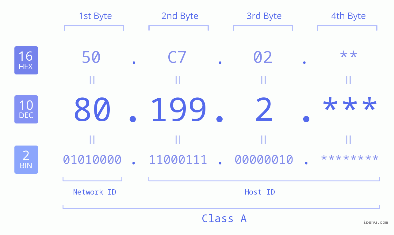 IP Address: 80.199.2 Data Structure Chart BIN DEC HEX IPv4: 80.199.2 Network Class, Net ID, Host ID