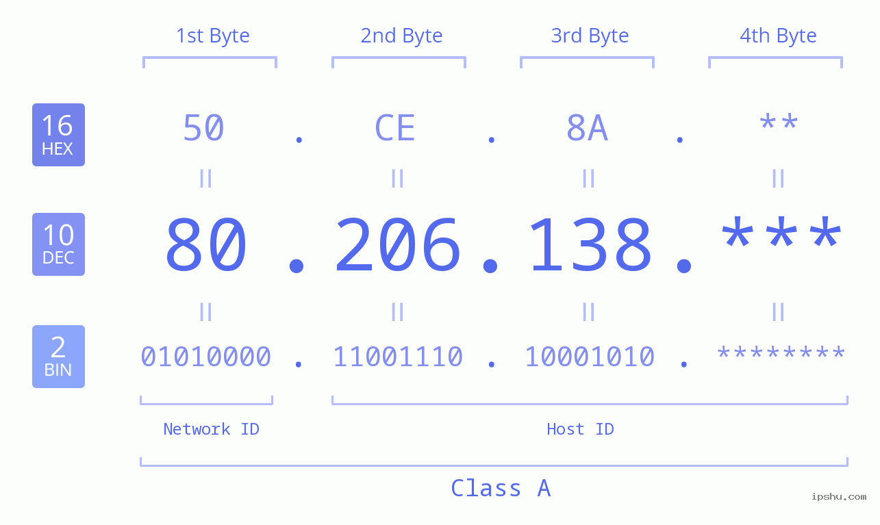 IP Address: 80.206.138 Data Structure Chart BIN DEC HEX IPv4: 80.206.138 Network Class, Net ID, Host ID