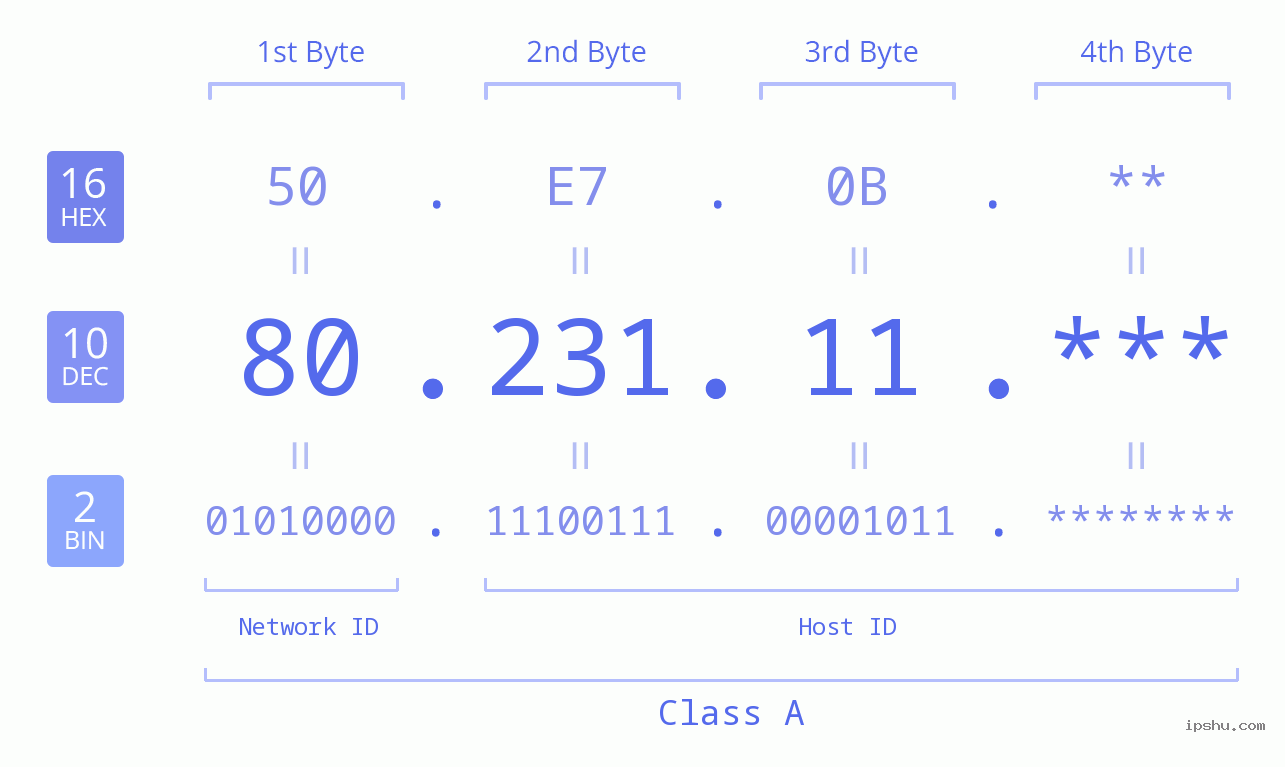IP Address: 80.231.11 Data Structure Chart BIN DEC HEX IPv4: 80.231.11 Network Class, Net ID, Host ID