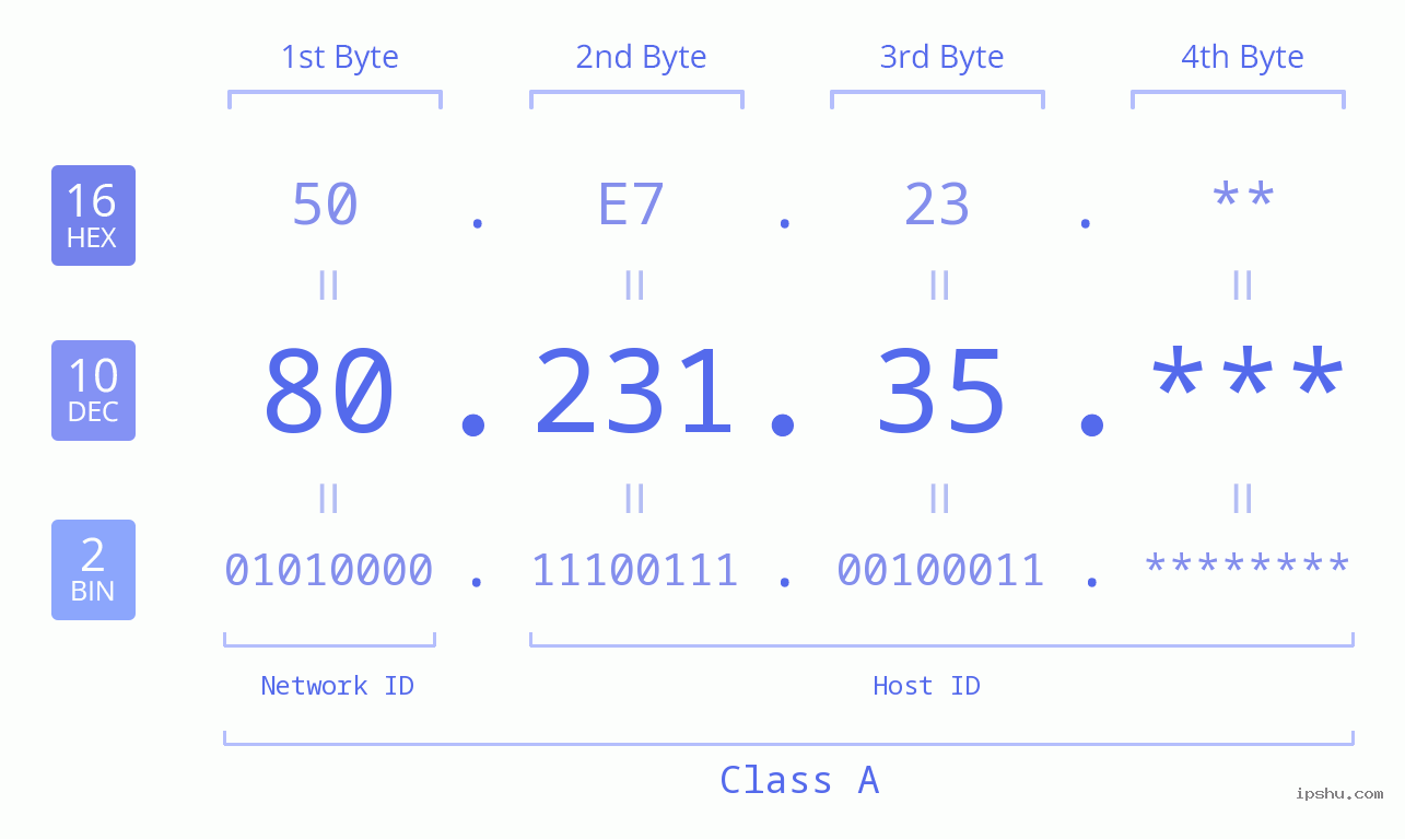 IP Address: 80.231.35 Data Structure Chart BIN DEC HEX IPv4: 80.231.35 Network Class, Net ID, Host ID