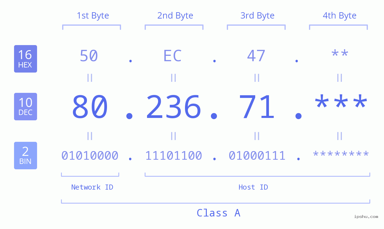 IP Address: 80.236.71 Data Structure Chart BIN DEC HEX IPv4: 80.236.71 Network Class, Net ID, Host ID