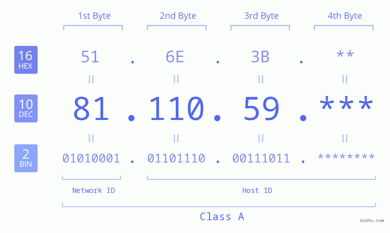 IP Address: 81.110.59 Data Structure Chart BIN DEC HEX IPv4: 81.110.59 Network Class, Net ID, Host ID