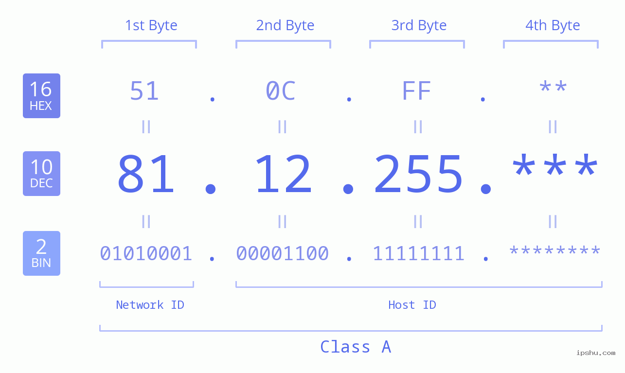 IP Address: 81.12.255 Data Structure Chart BIN DEC HEX IPv4: 81.12.255 Network Class, Net ID, Host ID