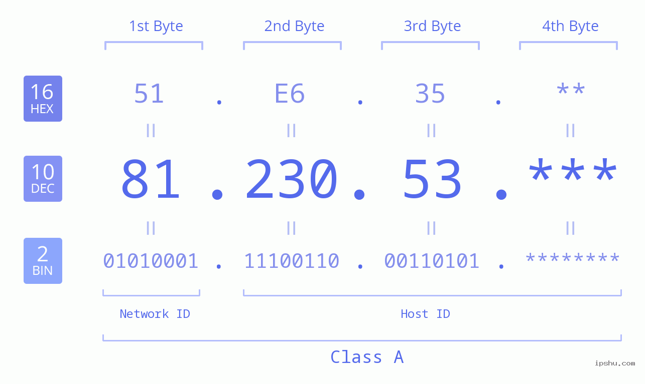 IP Address: 81.230.53 Data Structure Chart BIN DEC HEX IPv4: 81.230.53 Network Class, Net ID, Host ID