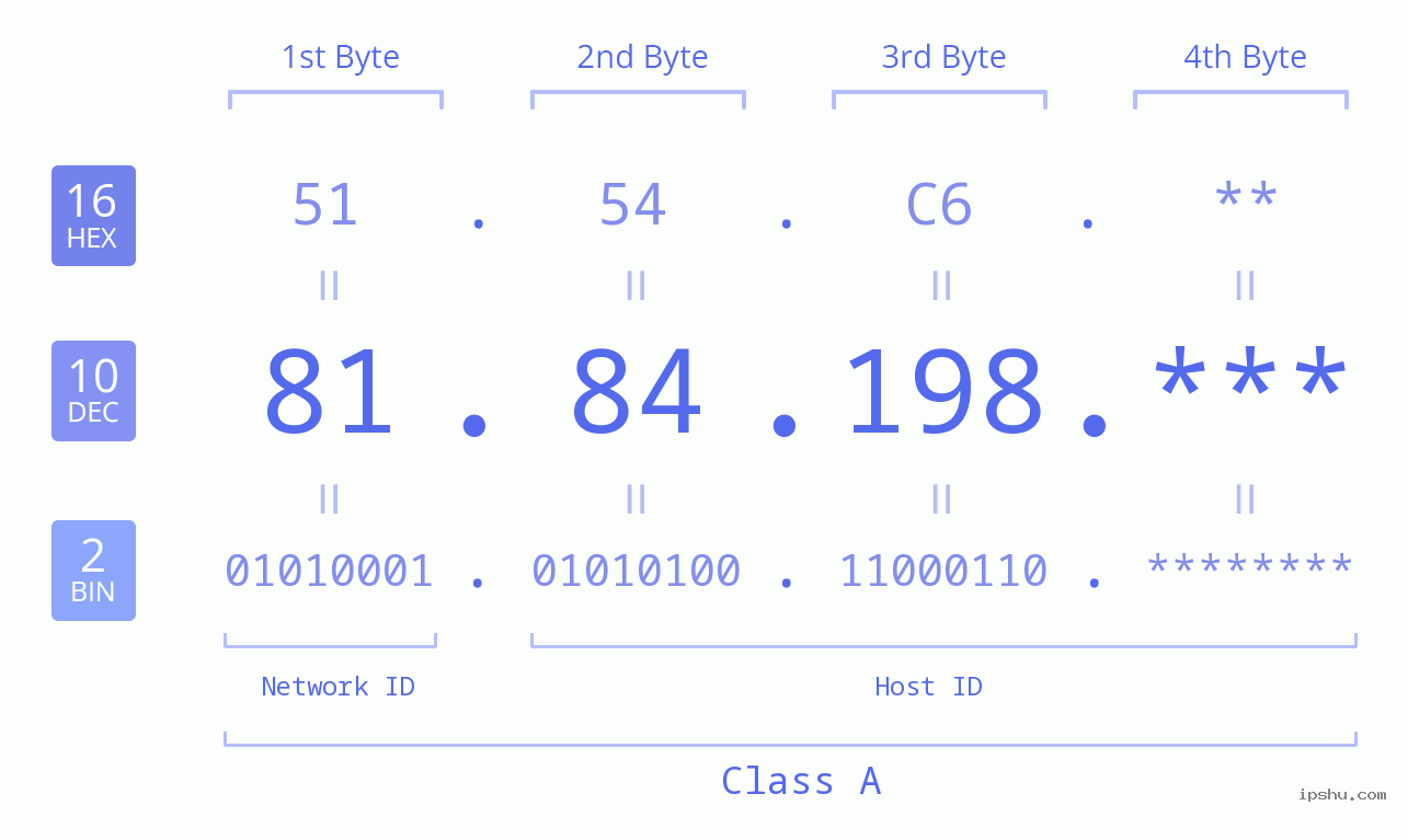 IP Address: 81.84.198 Data Structure Chart BIN DEC HEX IPv4: 81.84.198 Network Class, Net ID, Host ID