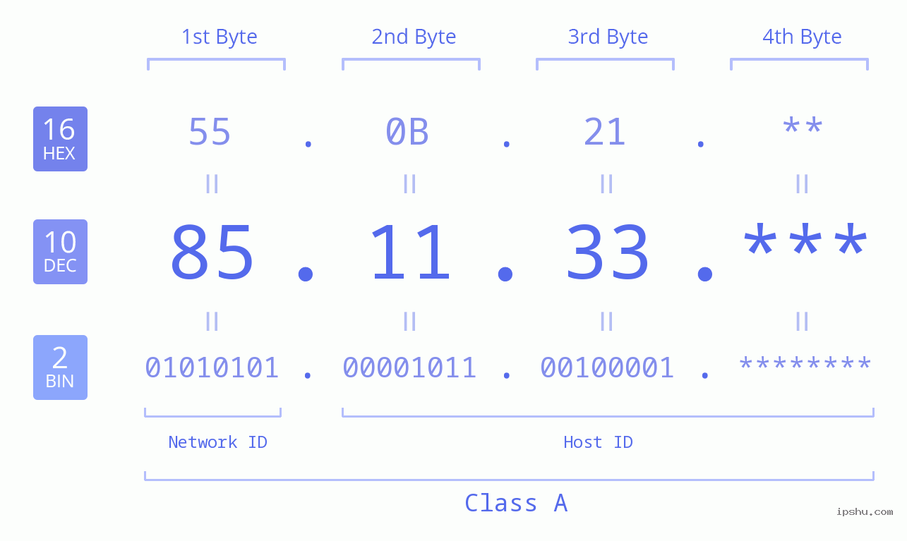 IP Address: 85.11.33 Data Structure Chart BIN DEC HEX IPv4: 85.11.33 Network Class, Net ID, Host ID