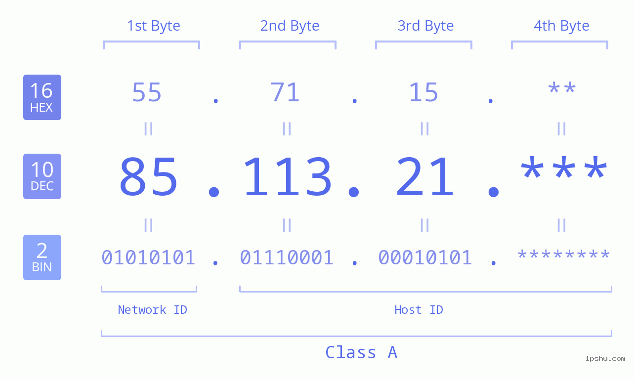 IP Address: 85.113.21 Data Structure Chart BIN DEC HEX IPv4: 85.113.21 Network Class, Net ID, Host ID