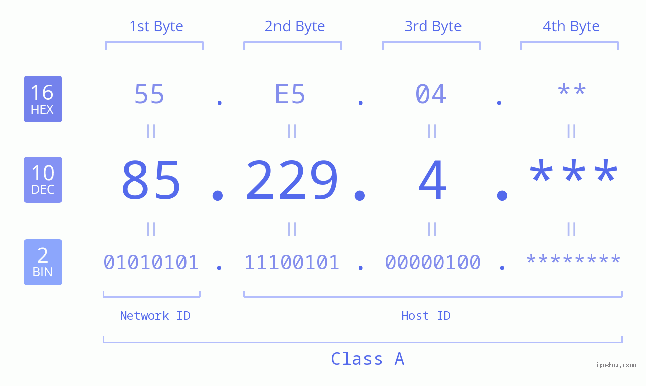 IP Address: 85.229.4 Data Structure Chart BIN DEC HEX IPv4: 85.229.4 Network Class, Net ID, Host ID