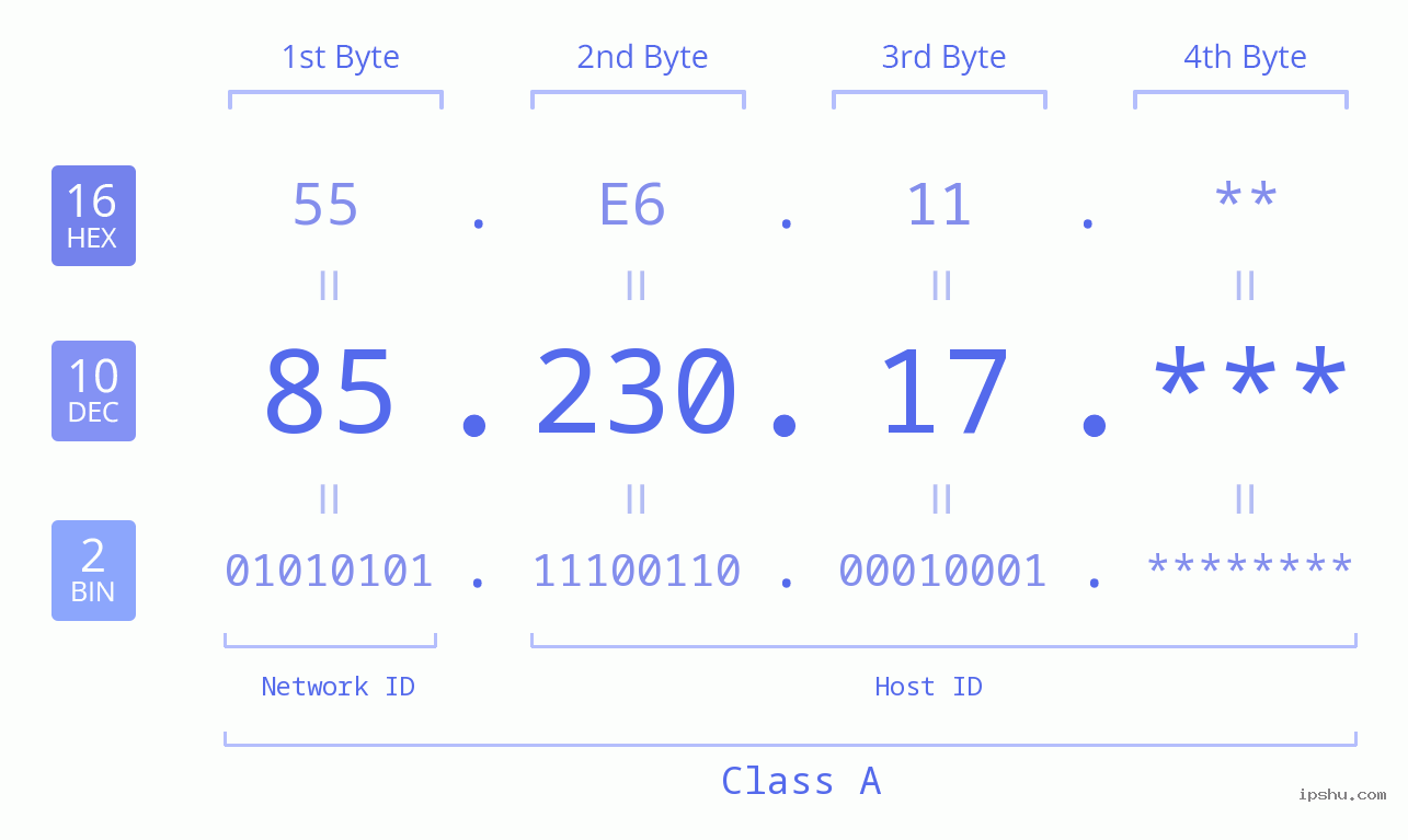 IP Address: 85.230.17 Data Structure Chart BIN DEC HEX IPv4: 85.230.17 Network Class, Net ID, Host ID