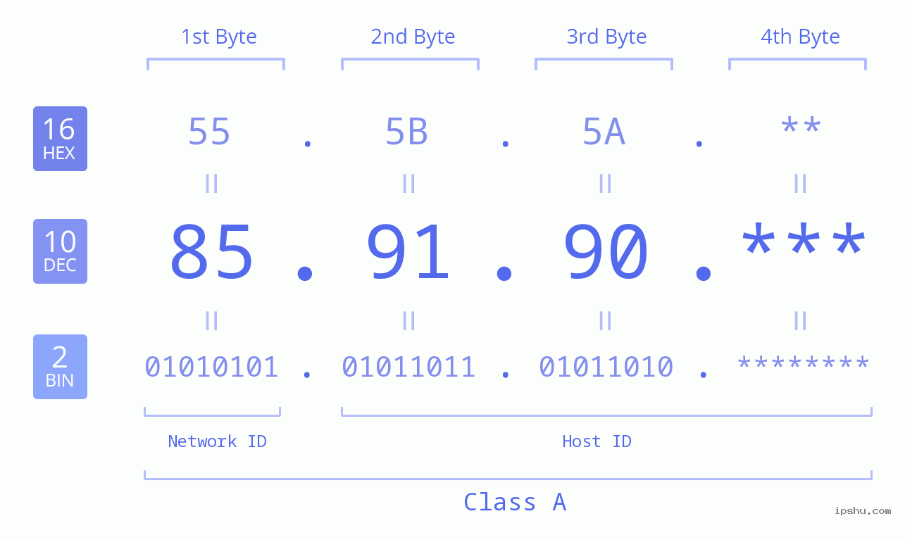 IP Address: 85.91.90 Data Structure Chart BIN DEC HEX IPv4: 85.91.90 Network Class, Net ID, Host ID