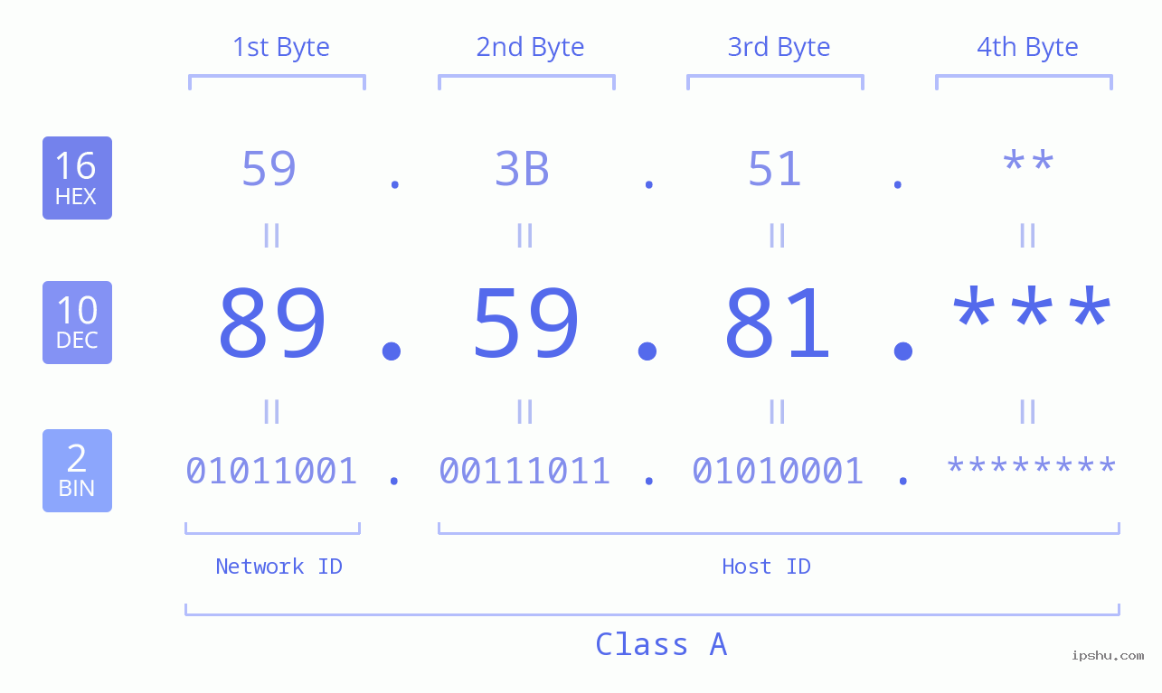 IP Address: 89.59.81 Data Structure Chart BIN DEC HEX IPv4: 89.59.81 Network Class, Net ID, Host ID